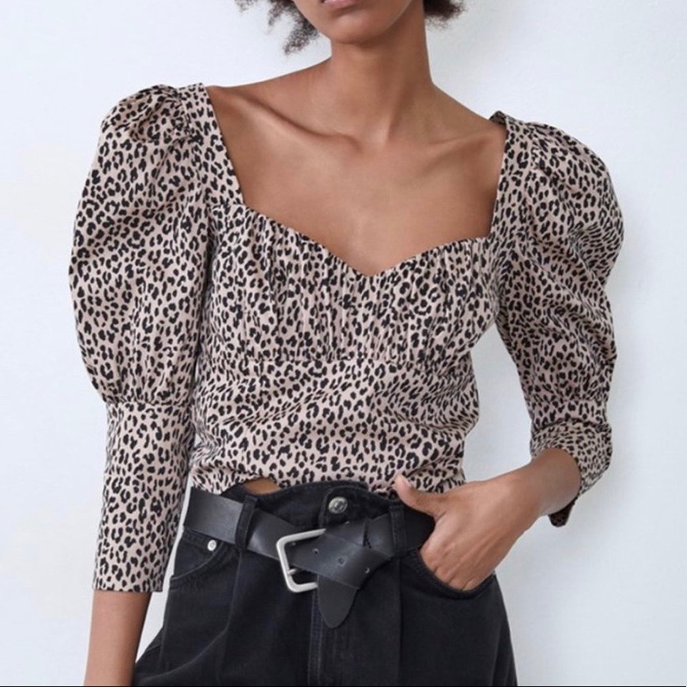 ZARA PUFF SHOULDER POPLIN Animal Print Crop - Picture 3 of 11